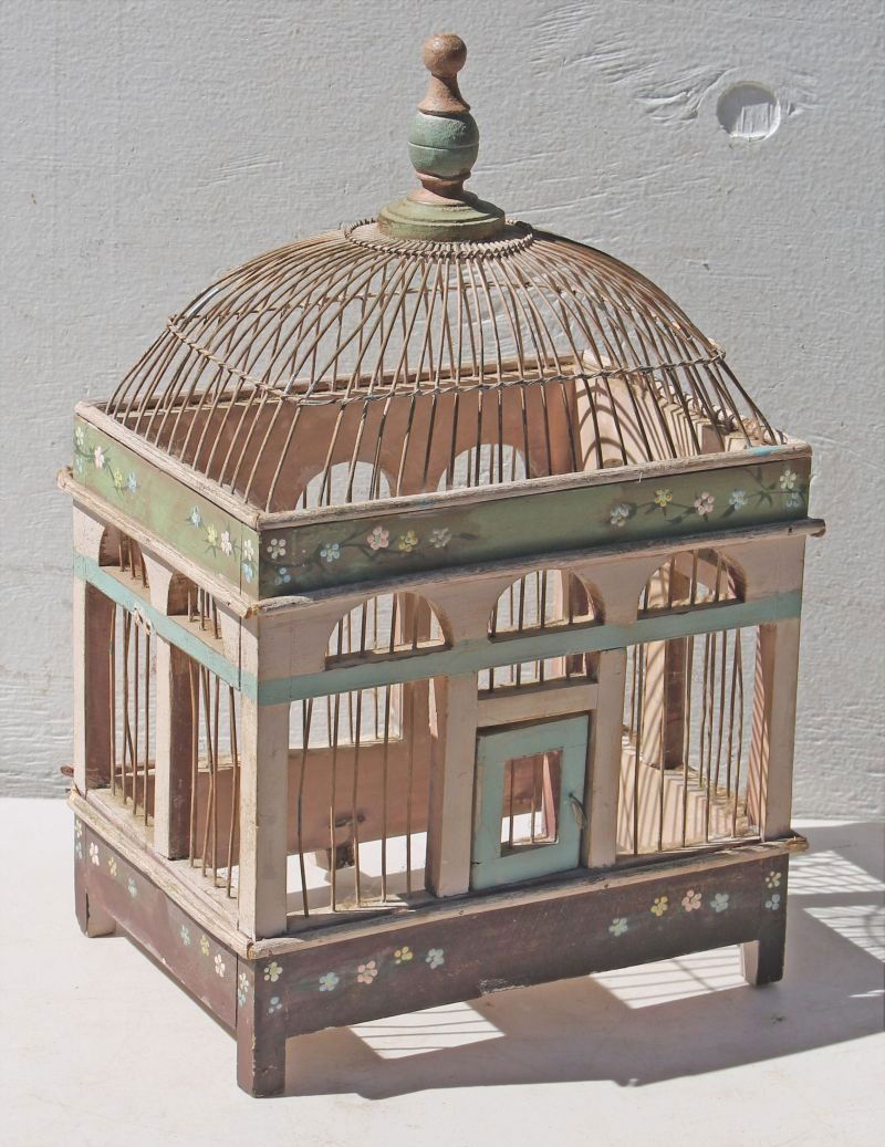 Wooden carved & orig painted bird cage - 17" tall x 11" (1 of 3)