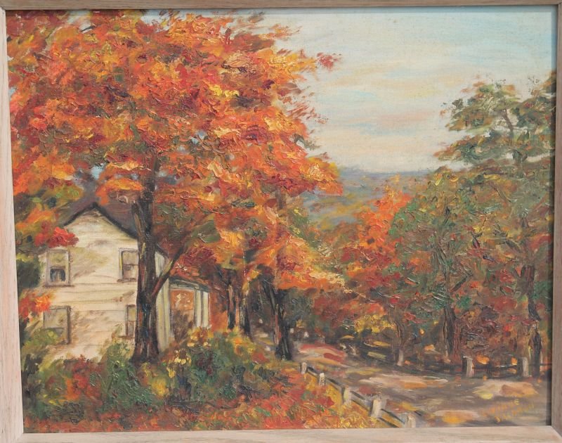 Corrine Jackson (listed 20thC - student of Wm Lester: Corrine Jackson (listed 20thC - student of Wm Lester Stevens) 16"x20" o/bd very colorful autumn landscape/homestead