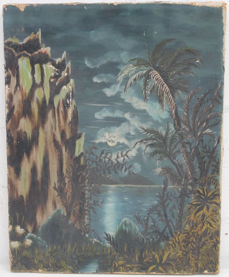 19thC American School 18"x14" o/c tropical moonlight (1 of 2)