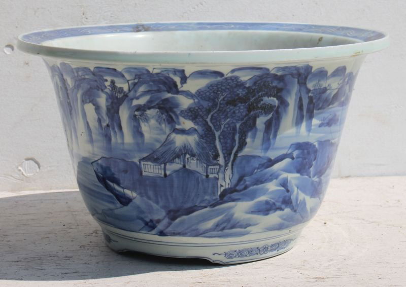 Chinese blue & white porcelain ftd planter from the: Chinese blue & white porcelain ftd planter from the Bruce Crane Estate - 19" diam x 11" tall (hairline)
