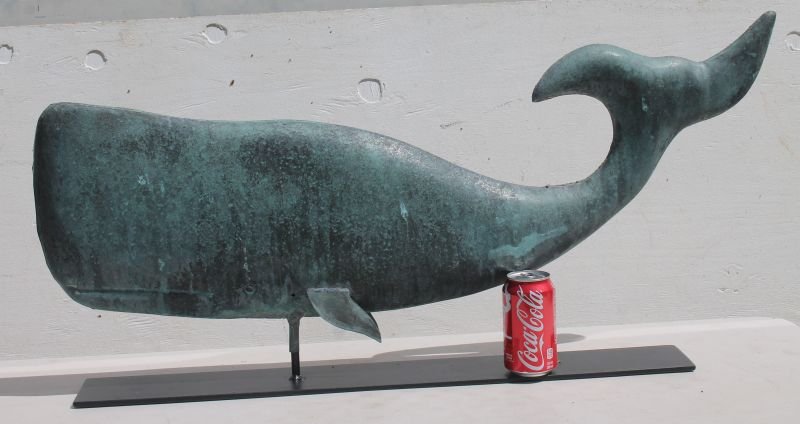 fine large ca 1920's/30's American copper flattened: fine large ca 1920's/30's American copper flattened full body form whale weathervane w applied lower fins in fine untouched verdigris patina & excellent cond - 36" long x 15" tall