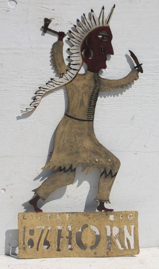 20thC heavy gauge sheet iron Indian weathervane w cut: 20thC heavy gauge sheet iron Indian weathervane w cut out letters & numbers indicating "Little Big Horn 1876" - 34" tall x 16 1/2" wide
