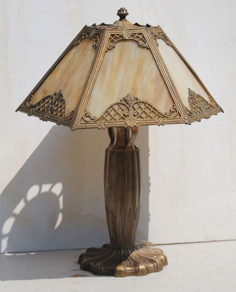 fine antique 6 panel carmel slag glass overlay table (1 of 8)