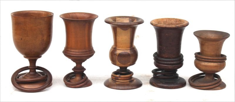lot of 5 antique carved treen chalices w non removable (1 of 4)