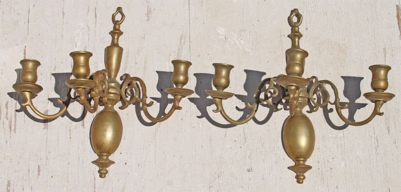 pr of 19thC Dutch brass candle sconces - 12" tall x 11 (1 of 2)
