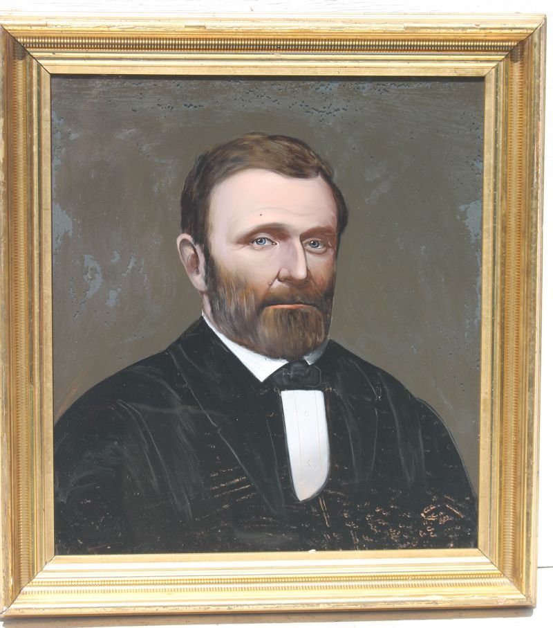 Excellent 19thC 20"x18" reverse painting on glass (1 of 2)