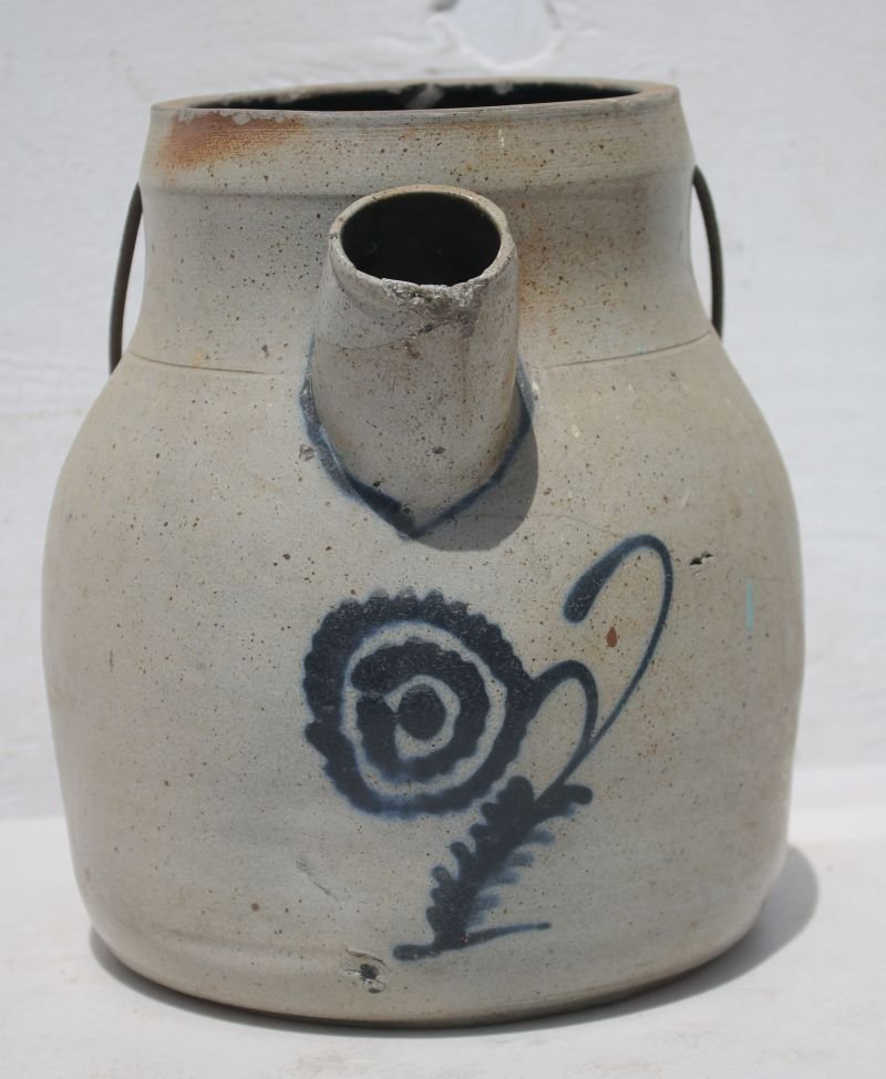 antique stoneware batter jug w cobalt dec, spout & iron (1 of 3)