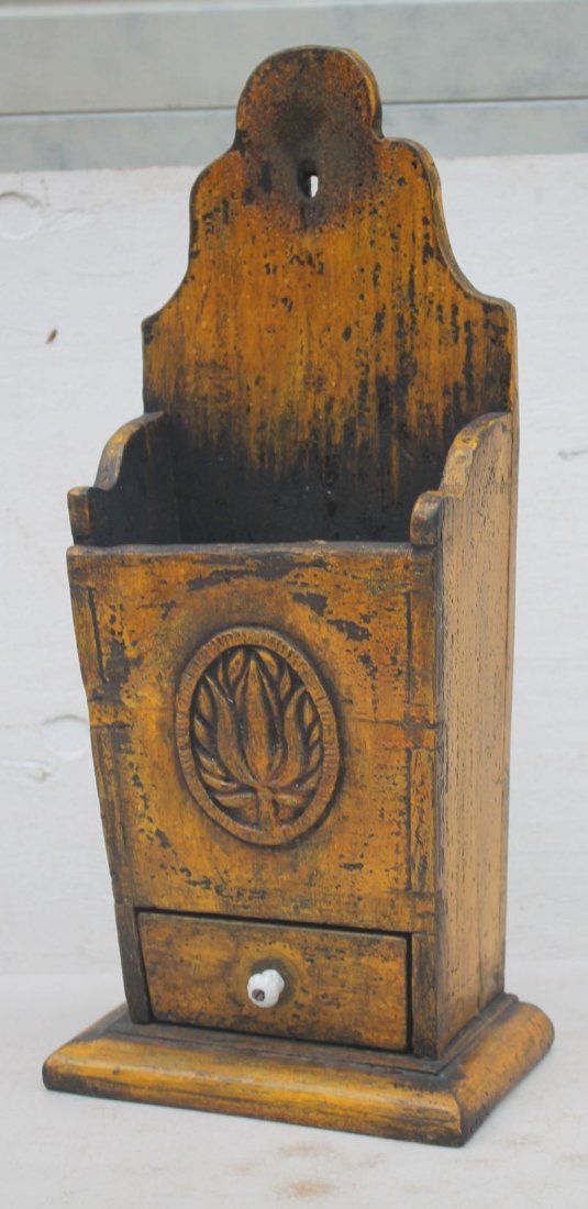 early form 1 dr carved candle box in orig worn mustard (1 of 3)