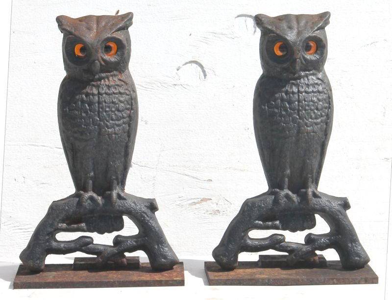 pr of early 20thC owl form cast iron andirons w orig (1 of 5)