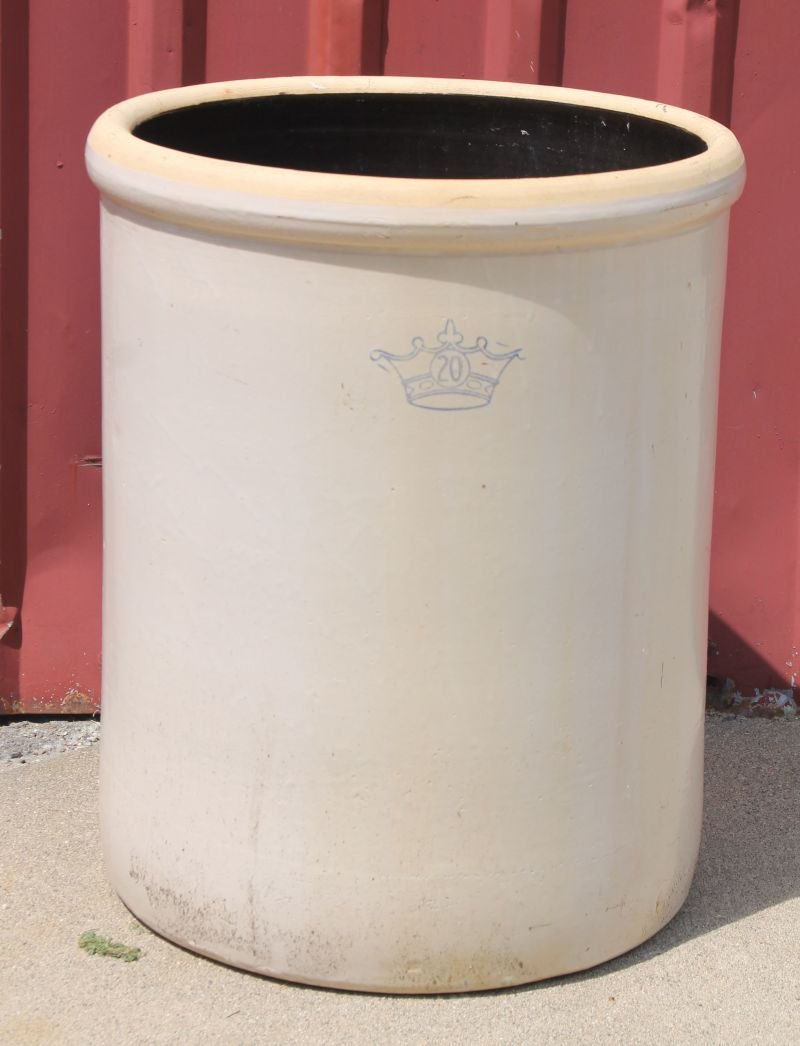 antique large 20 gal stoneware crock - 23" tall x 19" (1 of 2)