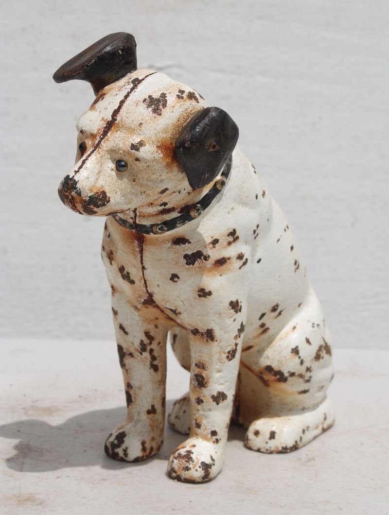 antique cast iron "Nipper" The RCA dog bank in orig: antique cast iron "Nipper" The RCA dog bank in orig paint used as a doorstop - 6" tall