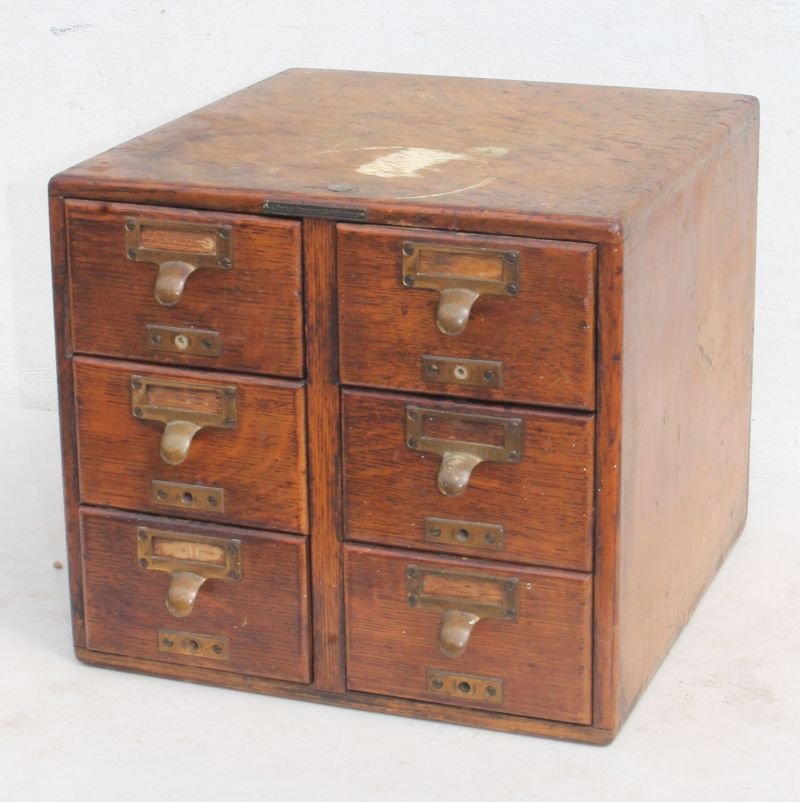 antique 6 drawer dovetailed oak file box with "Library (1 of 2)
