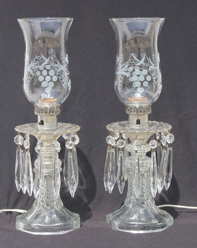 pr of antique crystal lamps w etched shades & prisms (1 of 2)
