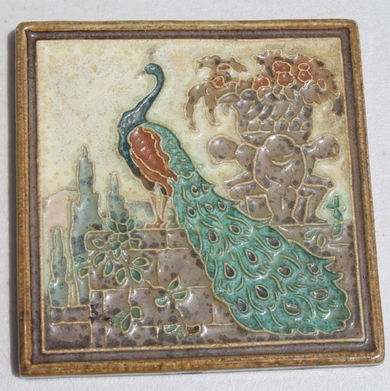 antique Delft tile w peacock & urn motif - 4 1/2" (1 of 3)