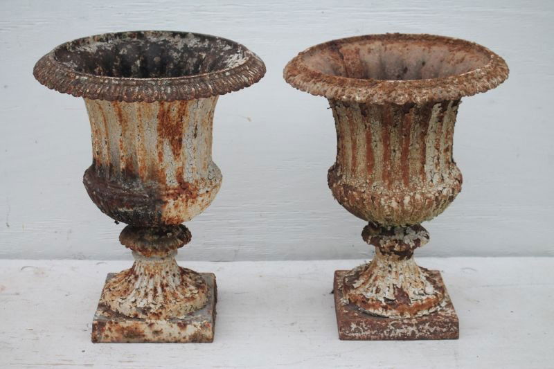 Fine pr of 19thC cast iron garden urns w flaking white (1 of 2)