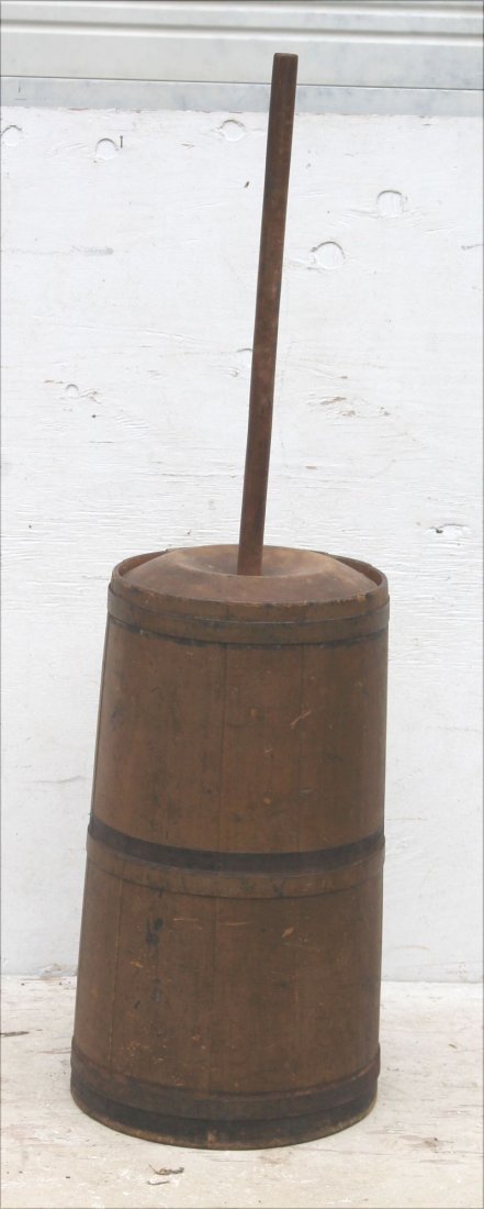 Fine 19thC butter churn in orig mustard paint w iron (1 of 2)