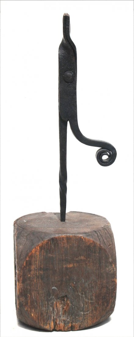 18thC forged iron rush light on weighted wooden carved (1 of 4)