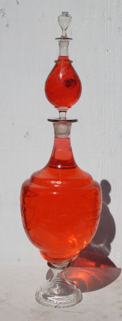 19thC blown glass etched dec dbl apothecary jar w (1 of 4)