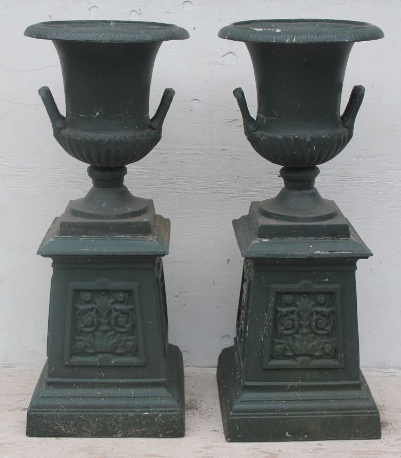 pr of fine fine form 2 part garden urns on plinths from (1 of 2)