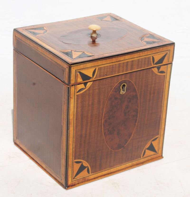 early 19thC multi-inlaid tea caddy - 4 3/4" tall x 4 (1 of 4)