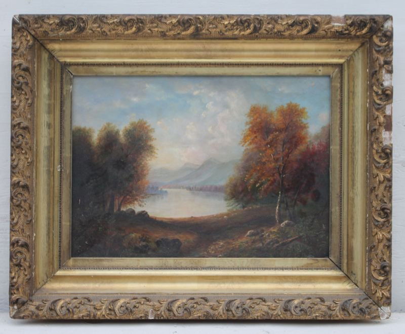 19thC 10" x14" o/c Hudson River School autumn lake & (1 of 4)