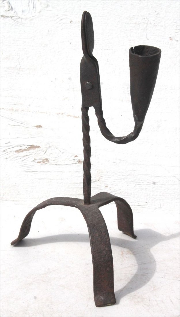 fine 18thC American wrought iron tri ftd rush light w (1 of 2)