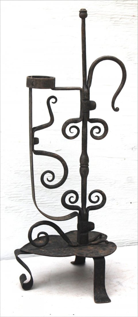 late 18thC large wrought iron 3 legged table top rush (1 of 2)