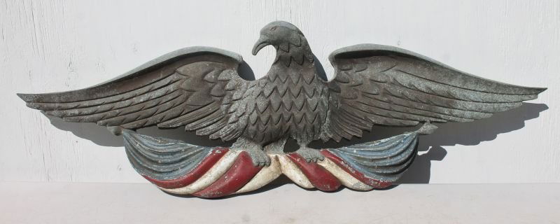 Fine late 19thC zinc graphic eagle clutching a furled (1 of 2)
