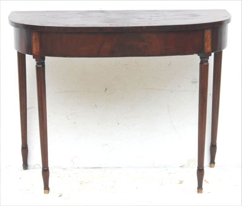 Rare form ca 1790 Roxbury, MA School Sheraton mahog: Rare form ca 1790 Roxbury, MA School Sheraton mahog side table w string inlaid legs & turnings in the same manner as in evidence on Roxbury cased grandfather clocks - 36 3/4" wide x 18 1/4" deep x 28"