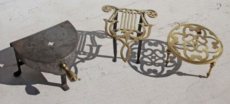 lot of 3 early brass & iron trivets - 11", 8 1/2" & 7: lot of 3 early brass & iron trivets - 11", 8 1/2" & 7 1/2" wide - Fairfield, CT estate