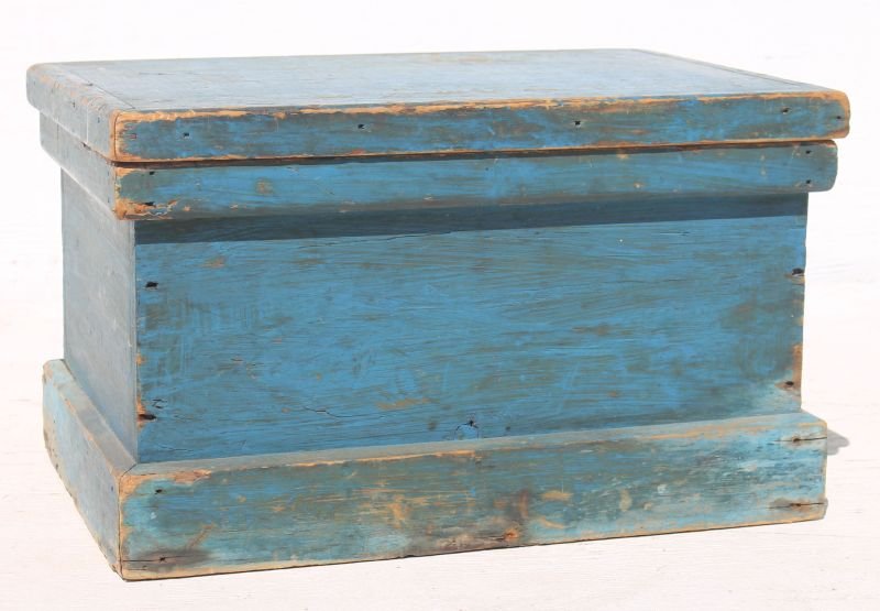 19thC diminutive early painted blue tool box, square (1 of 3)