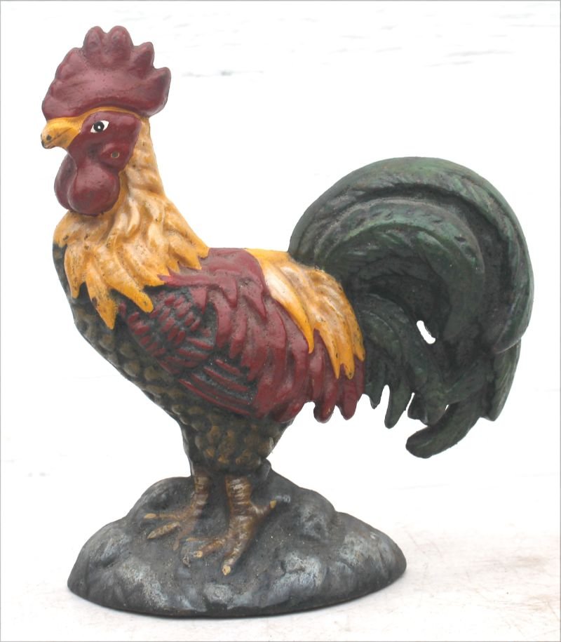 ca 1940 cast iron well detailed & colorful vintage: ca 1940 cast iron well detailed & colorful vintage rooster doorstop in orig paint & excellent orig cond - 8" tall