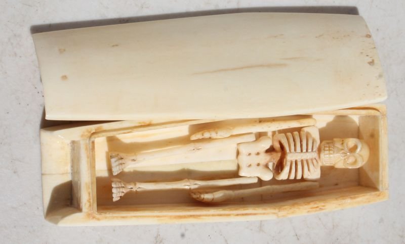 miniature bone carved casket w articulated bone carved: miniature bone carved casket w articulated bone carved skeleton within - 5" x 1 1/2" casket