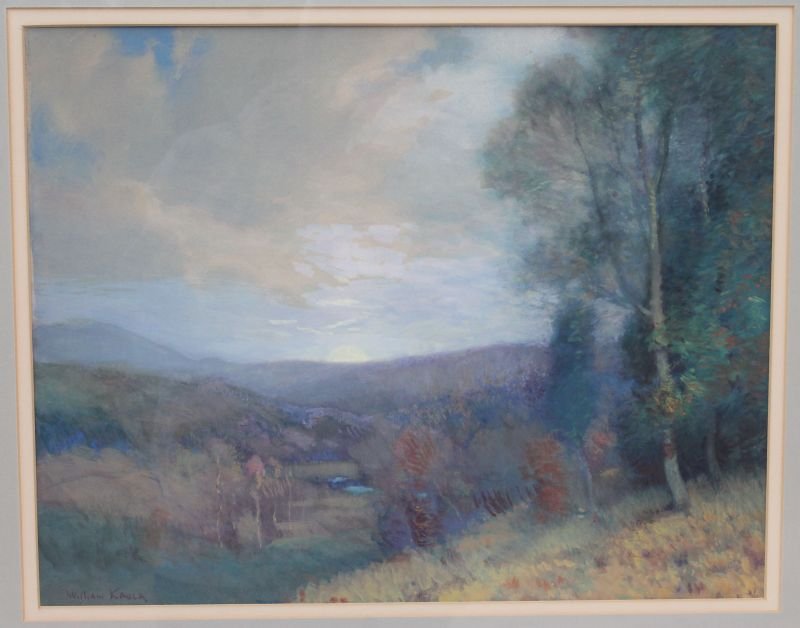 William Jurian Kaula (1871-1953) 14"x18" sight size: William Jurian Kaula (1871-1953) 14"x18" sight size mixed media (wc/gouache) wonderful New England autumn landscape at sunrise in fine vintage carved frame - Kaula worked in Boston & NH & is best know
