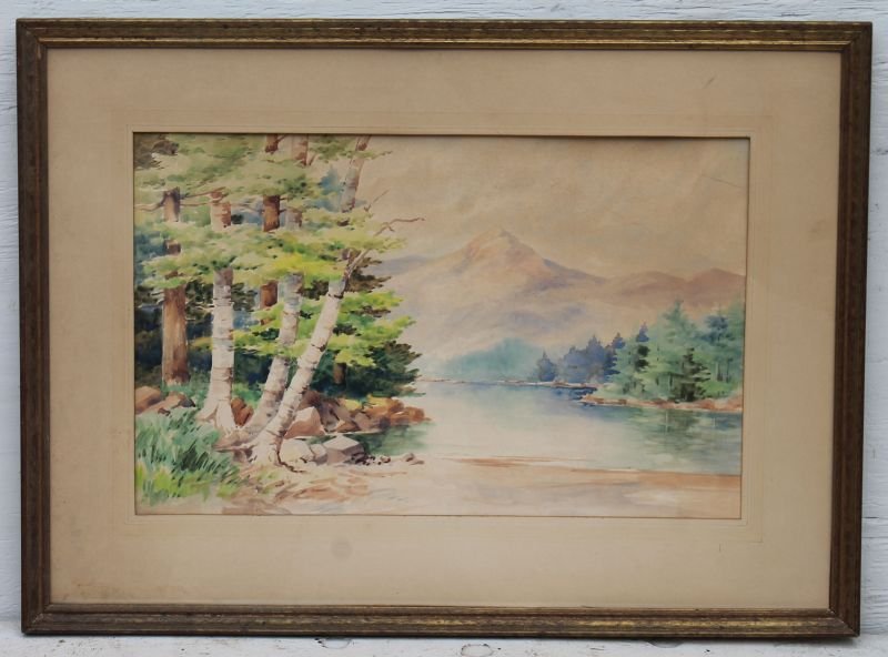 White Mountain School 14"x22" sight size antique w/c: White Mountain School 14"x22" sight size antique w/c depicting Mt. Chocorua w a stand of birch trees in the foreground