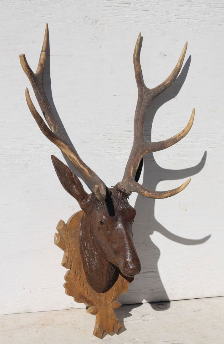 antique Black Forest carved walnut deer head - approx (1 of 2)
