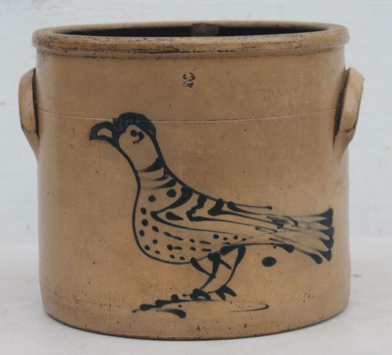 19thC 2 gal stoneware crock w cobalt carrier pigeon dec (1 of 3)