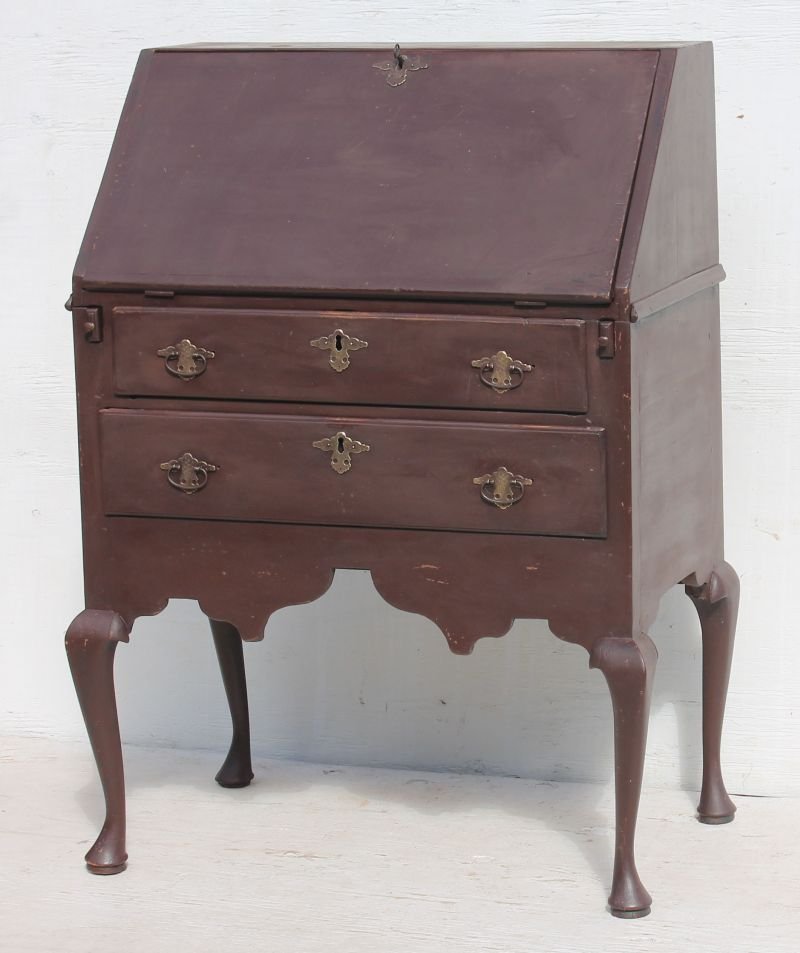 extremely rare & very desirable early ca 1740 MA desk: extremely rare & very desirable early ca 1740 MA desk on frame only 27 1/2" wide in pine & maple w Spanish Brown paint, nice stepped interior on upper case, dovetailed top, 2 drawers in lower case & b