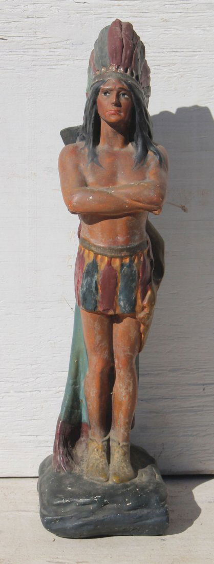 1920's era early Art Deco plaster cigar store Indian: 1920's era early Art Deco plaster cigar store Indian counter top trade simulator in orig paint - 24" tall
