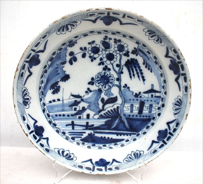 18thC Dutch Delft blue & white deep dish - 12" diam x (1 of 3)