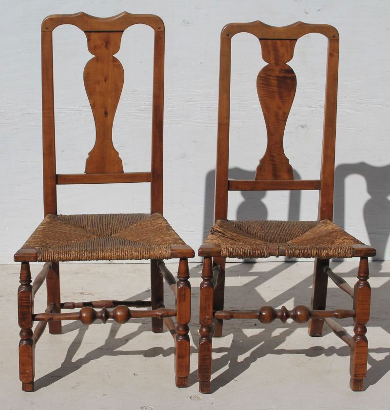 pr of 18thC period QA maple & tiger maple sidechairs w (1 of 2)