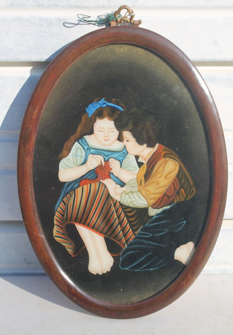 19thC oval reverse painting on glass of a girl knitting (1 of 1)
