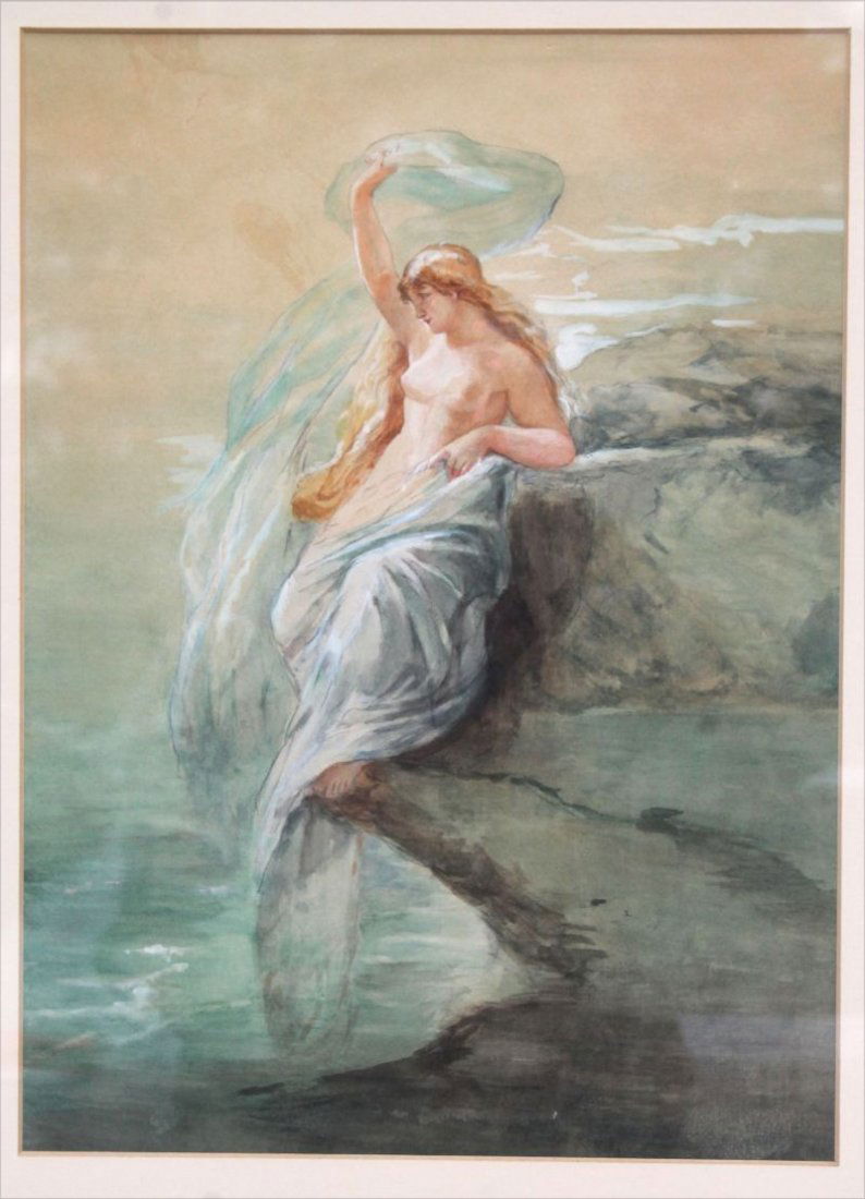 William Bradford Green (1871-1945 Hartford) 14 1/2" x: William Bradford Green (1871-1945 Hartford) 14 1/2" x 11" sight size w/c of a nude female on the edge of the sea in a vintage carved & gilded frame - from the Museum Trustee collection