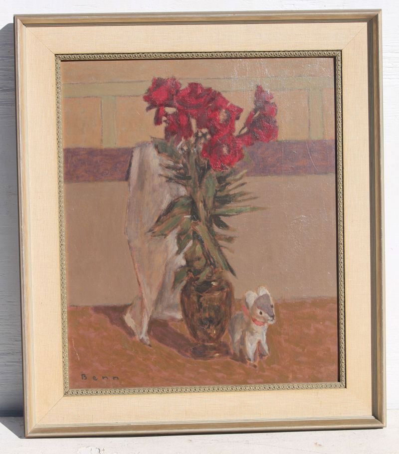 Ben Benn (1884-1983) 21 1/2" x 18" o/bd still life w: Ben Benn (1884-1983) 21 1/2" x 18" o/bd still life w stuffed dog (a trademark of Ben Benn)