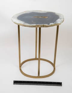 Blue Agate Slab and Iron End Table: Blue agate slab end table. Base is iron with a rich brass finish.