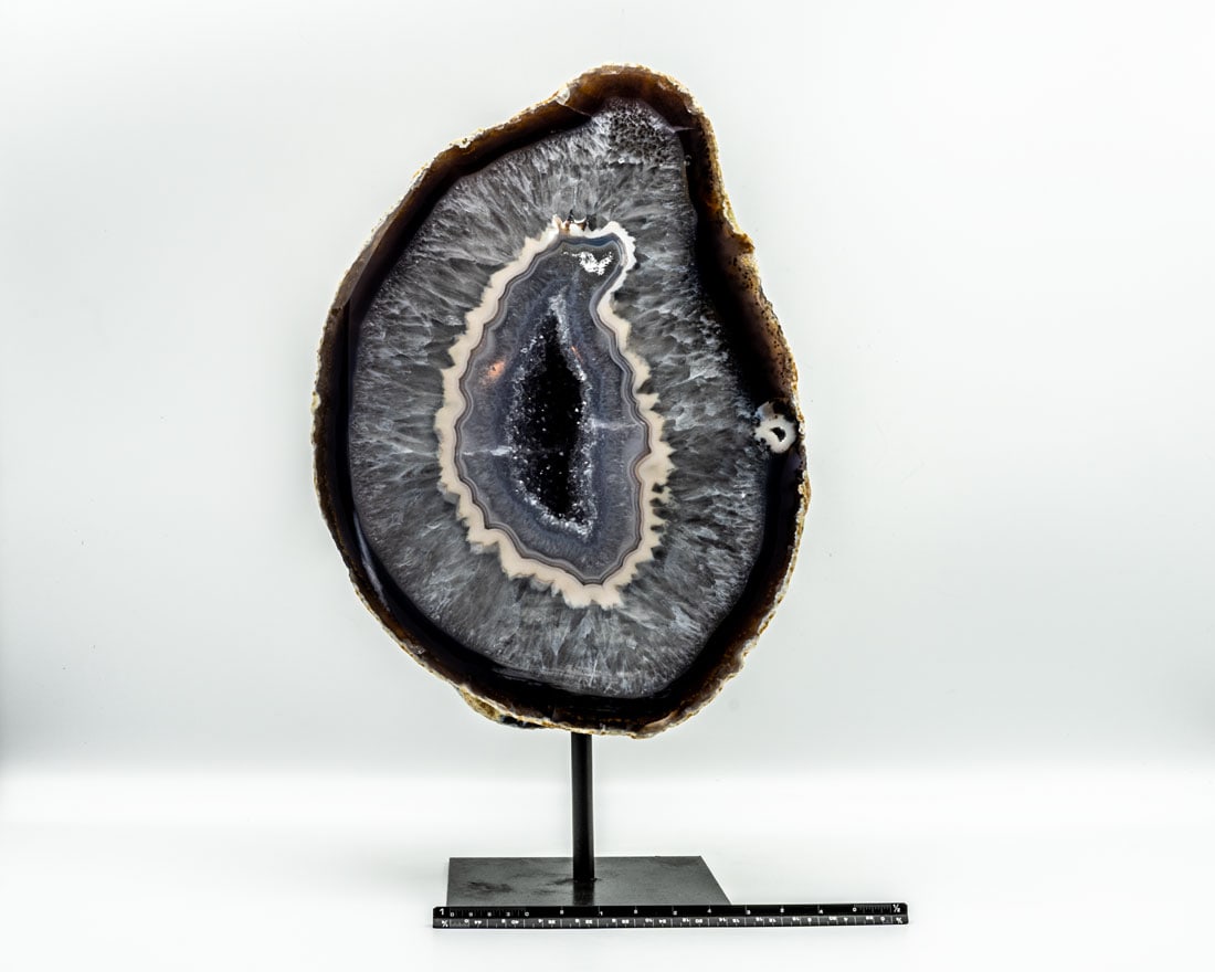 Large Agate Geode with Fluorescent Calcite Banding on Stand (1 of 3)