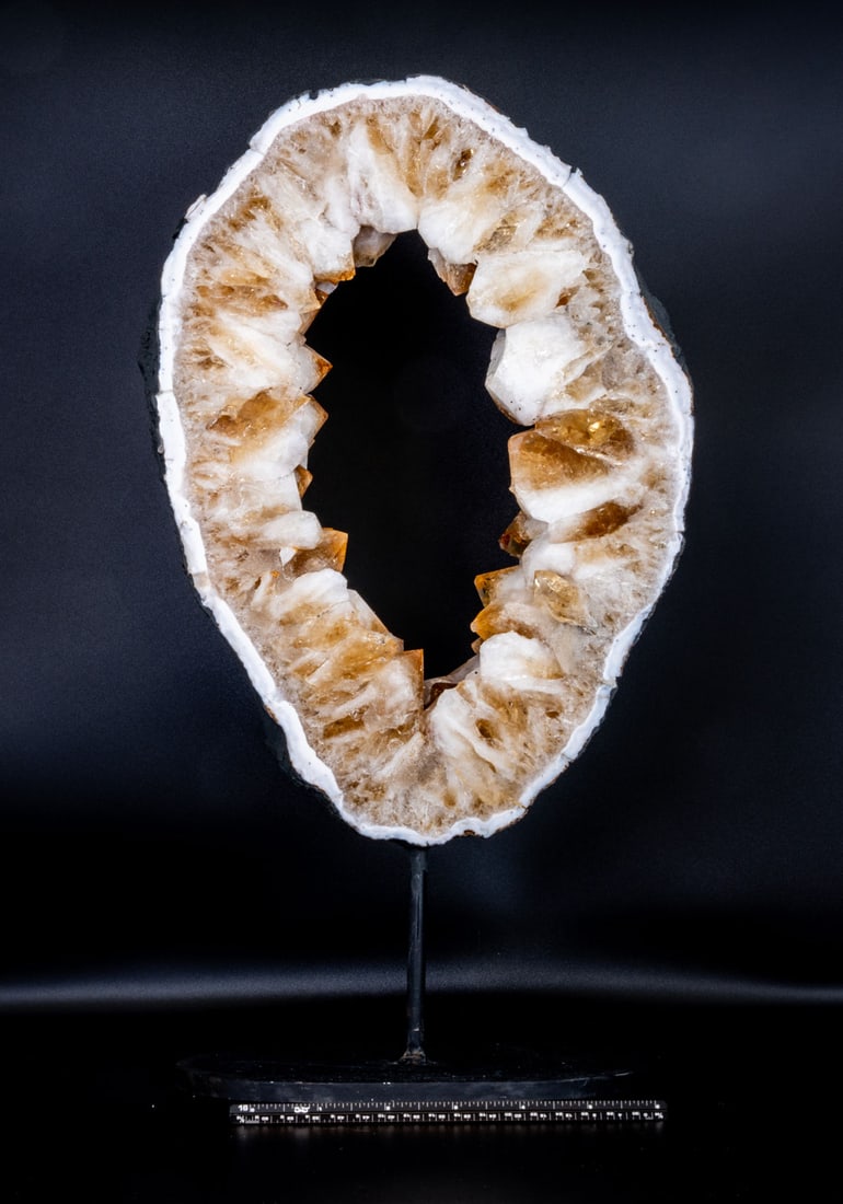 Citrine Geode Ring With Fluorescent Calcite Crystals on Stand (1 of 3)