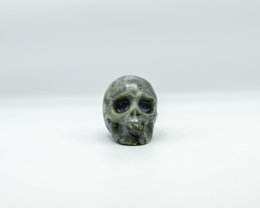 Polished Labradorite Skull: Polished labradorite skull.