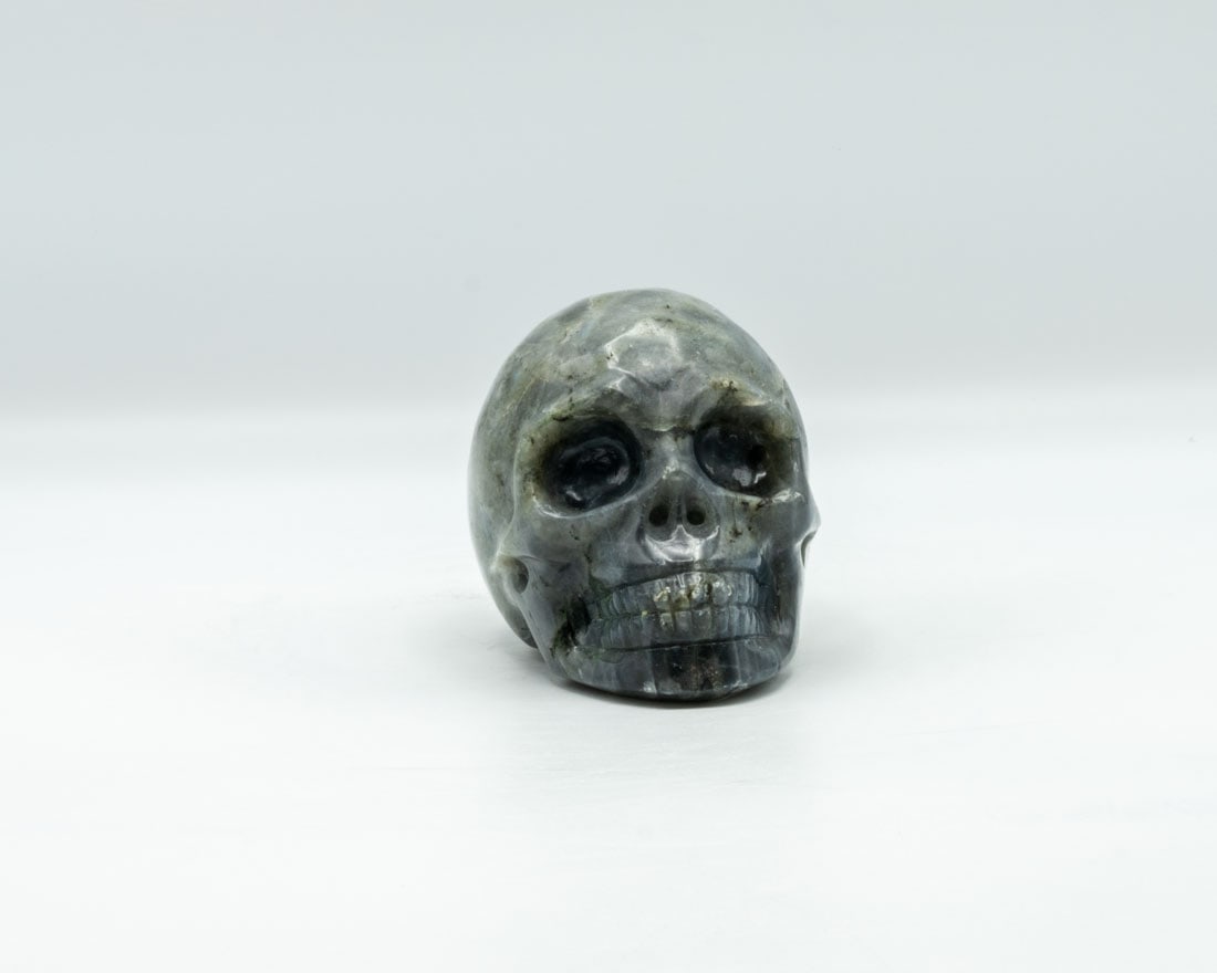 Polished Labradorite Skull: Polished labradorite skull.