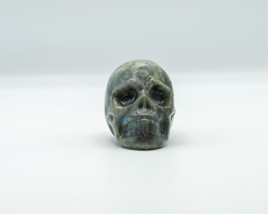 Polished Labradorite Skull: Polished labradorite skull.